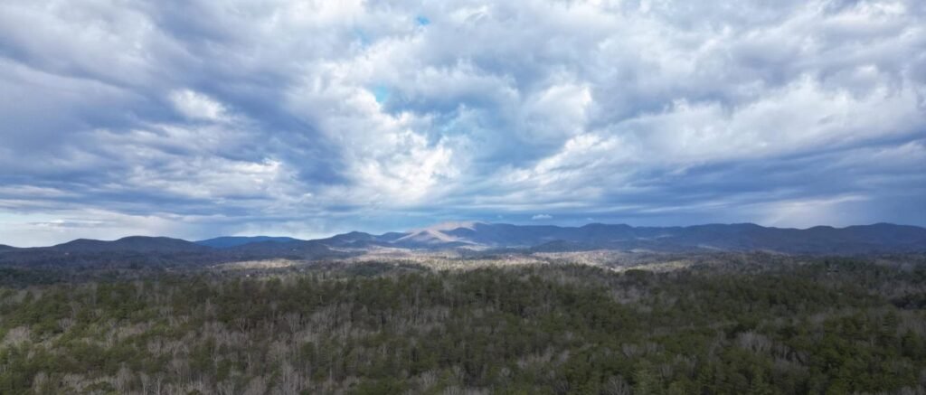 Aerial drone photo of the Blue Ridge Mountains under dramatic clouds